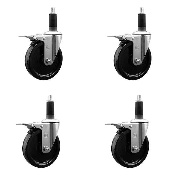 5'' Phenolic Swivel 1-1/8'' Expanding Stem Caster Set Total Lock Brake, 4PK